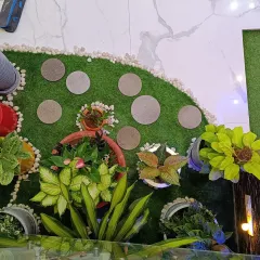 An overhead view of a small garden nook I designed. This shows the combination of artificial turf, circular stone steppers, and a variety of potted plants to create a dynamic and interesting ground cover, even in a limited space.