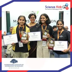 Our senior girls' team, "Robusta," proudly displays their 2nd prize trophies and certificates at the IIIT Hyderabad make-a-thon. Their project focused on creating sustainable technology solutions.