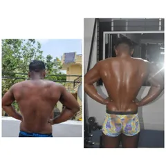 The back tells the story. This before and after shot shows the same one-month transformation, highlighting significant muscle definition and width gained in the lats and shoulders.