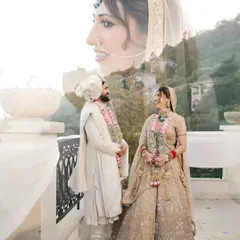 An artistic double exposure combining a portrait of the bride with a wide shot of the couple against the mountain scenery, telling a layered visual story.