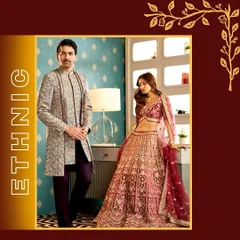 A vibrant look from our ethnic wear campaign. This image highlights a groom in a multi-tonal, full-length sherwani, perfectly complementing the bride's festive attire.