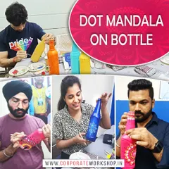 A collage from our Dot Mandala on Bottle workshop, showing the vibrant and unique creations of each participant. These workshops are perfect for fostering individual creativity within a group setting.