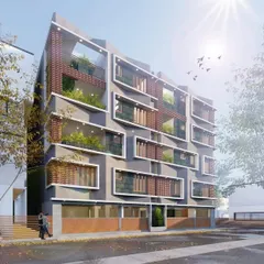 An alternate perspective of 'The Concrete Veil' project. This view highlights the interplay of the concrete structure with the warmth of exposed brick and integrated greenery, showcasing a design that is woven into its urban environment.