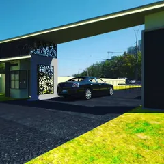 An alternative entrance gate design concept, this render features a cantilevered roof and decorative jaali panels. This approach creates a sleek and modern statement for the entry point of a property.