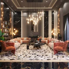 This visualization of a lavish formal living room is defined by its bold use of black marble and geometric patterns. We meticulously rendered the reflective surfaces, intricate floor design, and dramatic lighting to create a scene of pure opulence.