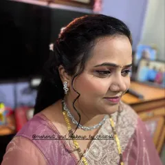 A side profile showing the soft curls in the hairstyle and the subtle, glowing makeup. This is my go-to style for elegant party looks.
