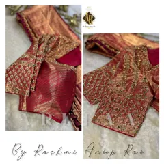 A bespoke bridal blouse in a rich maroon, featuring a heavy jaal of zardosi and beadwork. The intricate pattern covers the entire surface, making it a statement piece for a wedding ceremony.