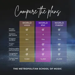 We offer several structured online programs to match your commitment and goals. Compare our 'World Voice', 'World Star', and 'World Master' plans to find the right fit for your musical journey.