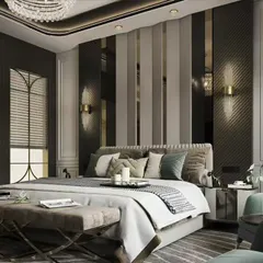 Experience true luxury with this master bedroom concept. We used a sophisticated palette, dramatic vertical paneling with mirrored accents, and layered lighting from a statement chandelier to create a space that feels both grand and deeply relaxing.
