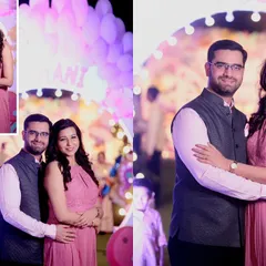 This album layout showcases the happy couple at their child's birthday party, mixing color and black and white images for a beautiful effect.