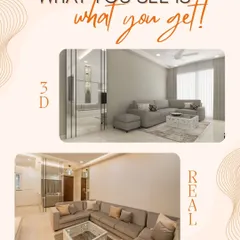 The living room design in 3D and in reality. We ensure every element, from the sofa to the mirror placement, is perfectly aligned with the client's approved design.
