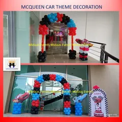 The entrance to the car-themed party featured a balloon arch in race-day colors and cutouts of Lightning McQueen and friends, getting guests excited for the celebration from the moment they arrived.