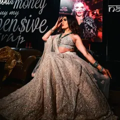 A regal and dramatic look for Sushant Divgikar at a Kitty Su event. The makeup is pure glamour, designed to make a statement and complement the heavily embellished lehenga.