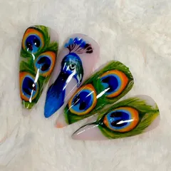 This incredible peacock and feather nail art was created by one of my talented students. It showcases advanced painting techniques and a great eye for detail.