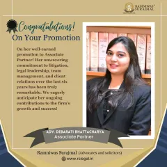 I am proud to announce the well-earned promotion of Adv. Debarati Bhattacharya to Associate Partner. Her unwavering commitment to litigation, legal leadership, and client relations has been remarkable. Her growth is a testament to the dedication and excellence we cultivate at our firm.