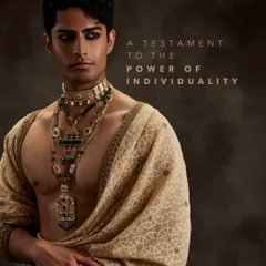 A testament to the power of individuality. This look from our Aulerth Maverick campaign redefines masculine adornment with layered necklaces that are both opulent and expressive.