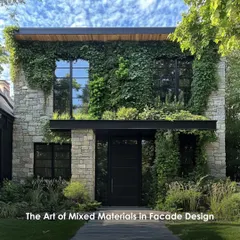 This facade showcases the art of mixed materials, where climbing ivy and integrated planters soften a stone and steel structure. The design creates a living, dynamic work of art that connects the building to its natural surroundings.