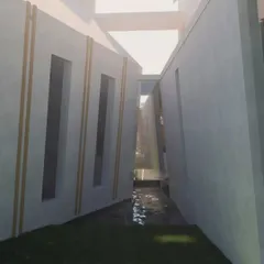 A conceptual render for the Cumin Residence in Goa, showing a narrow passage between two building masses. The design plays with compression and release, guiding the visitor through a carefully orchestrated sequence of spaces with glimpses of water and light.
