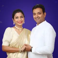 A portrait of myself, Hiral Vora, Founder and Chairperson, with my husband and Co-Founder, Harish Vora. We are celebrating 17 years of this incredible journey in beauty and elegance, and we are so grateful for your trust.