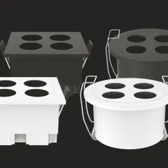 These are my versatile four-in-one recessed downlights, available in both square and round shapes with black or white finishes. They are powered by high-quality Bridgelux LEDs and Philips drivers and come in various color temperatures, including tunable white.