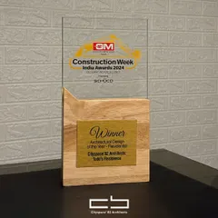 The winner's trophy for Architectural Design of the Year at the Construction Week India Awards 2024. This award highlights our commitment to creating distinguished residential spaces in modern Indian architecture.