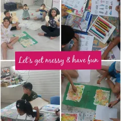 "Let's get messy & have fun!" This collage shows the various stages of our 'Monuments of the World' workshop, from discussion and painting to meditation and sharing.