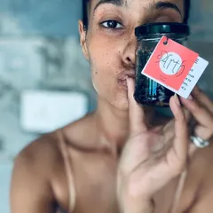Supermodel Rikee Chatterjee using my "FineByMe" coffee scrub. It's gentle enough for the face but strong enough for an at-home pedicure.