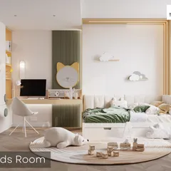 A beautiful and functional kids' room design with a neutral color palette and playful accents. The room includes an L-shaped bed with under-drawer storage, a dedicated study desk, and whimsical wall decor.