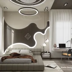 In this modern bedroom, I used bold, organic curves and integrated LED lighting to create a dramatic and artistic feature wall. This space is a testament to how we can blend unique architectural elements with practical needs like a study nook for a truly personalized room.