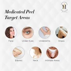 My medicated peels can be used on various target areas, including the face, under eyes, underarms, knees, elbows, neck, and intimate areas.