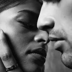 An intimate black and white close-up of a couple. The grain and high contrast add a raw, emotional texture to this tender moment.