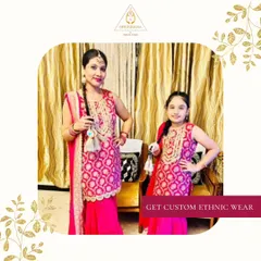 We love creating matching outfits for mothers and daughters. This custom-designed pink sharara set features intricate gold embroidery on the kameez, perfectly coordinated for both mother and child to shine together at any celebration.