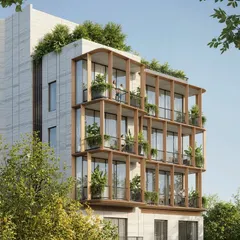 Different perspectives of the Amara Avika apartments in Chennai, showing the interplay of the wood-framed public zones and the solid private areas, both during the day and at dusk.