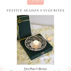 This graphic highlights our Diya Plates Collection, describing them as plates inspired by the glow of tradition, perfect for every ritual. The intricate silver cutwork design is a beautiful example of our craftsmanship.
