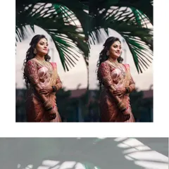 A diptych of the bride's portraits against a backdrop of palm leaves, capturing her elegant poses and beautiful reception outfit.