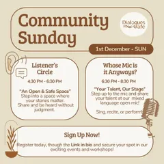 An event flyer for our "Community Sunday," featuring a "Listener's Circle" and our mixed-language open mic, "Whose Mic is it Anyways?".