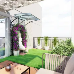 A 3D render of a 200 sq. ft. balcony. We designed a space with a laser-cut pergola, a meditation corner with a Buddha statue, and a mix of turf and decking to make it feel elegant and spacious.