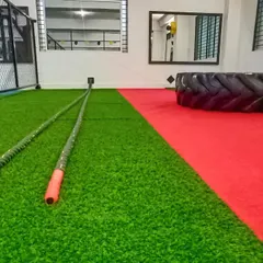 This is our functional training zone, complete with turf flooring, battle ropes, and a tire for high-intensity workouts.