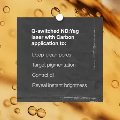 The Carbon Facial uses a Q-switched ND:Yag laser with a carbon application to deep-clean pores, target pigmentation, control oil, and reveal instant brightness.
