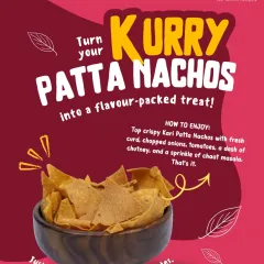 This is our desi fusion snack, Kari Patta Nachos. They are delicious on their own, but this graphic gives you a simple recipe to turn them into a flavour-packed chaat with curd, onions, and chutney.