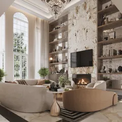 For this formal living room in a London residence, the objective was to visualize a space that felt both grand and intimate. I meticulously simulated the way natural light from the arched, double-height windows would interact with the rich texture of the full-height marble feature wall. The rendering highlights the soft curvature of the bespoke sofas and the warm glow of the fireplace, demonstrating how visualization can prove a design's balance and comfort.