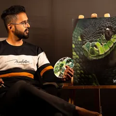 This hyper-realistic acrylic painting of a pit viper on canvas shows the level of detail and intensity I bring to my wildlife art. The vibrant colors and textures make the subject feel alive, creating a powerful statement piece for any space.