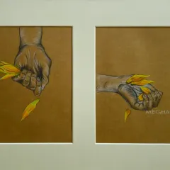 'Delicate Champaka', a diptych showing hands interacting with the flower's petals. This A3-sized piece explores the themes of touch, fragility, and the transient beauty of nature.