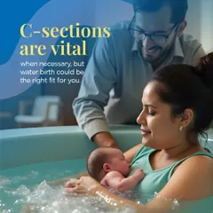 While C-sections are vital when medically necessary, water birth offers a gentle, less invasive alternative for many. This image captures the tranquility and intimacy of a water birth, a beautiful option for a calm and empowering delivery.