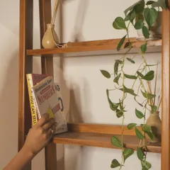 A closer look at the teak bookshelf, showing how it can be styled with books, plants, and diffusers. The warmth of the wood adds a touch of elegance to any space.