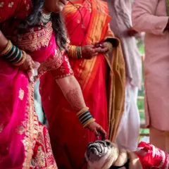 Even the furry family members are part of the wedding. An emotional moment as the bride says goodbye to her beloved bulldog.