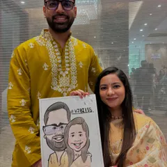 This couple's caricature includes their wedding hashtag, making it a modern and personalized keepsake from their celebration.