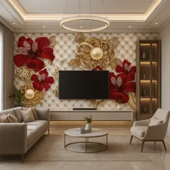 This TV wall makes a bold statement with a 5D wallpaper featuring red and gold 3D flowers on a quilted background. It's a perfect example of how to create a luxurious and dramatic entertainment center.