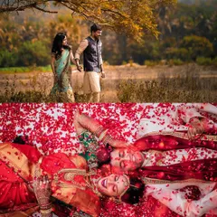 A collage of pure fun and romance, from a pre-wedding shoot in a field to lying in a bed of roses.