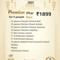 This is our Premium Iftar box, a complete meal for five people. It's packed with starters, a full Mutton Haleem, a full Chicken Biryani, and five desserts. It’s a hearty meal meant for sharing with family and friends.